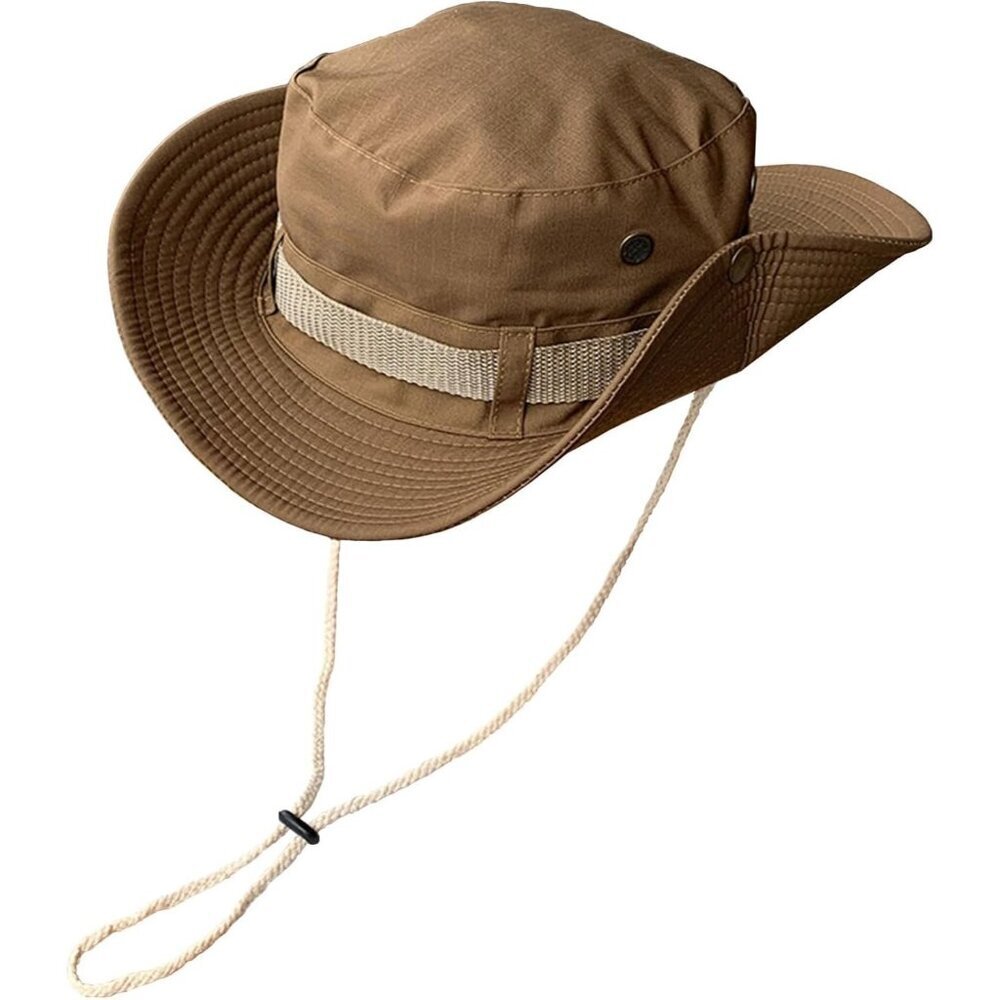 Unisex Brown 100% Polyester Wide Brim Boonie With Chin Strap Classic Hiking Hat